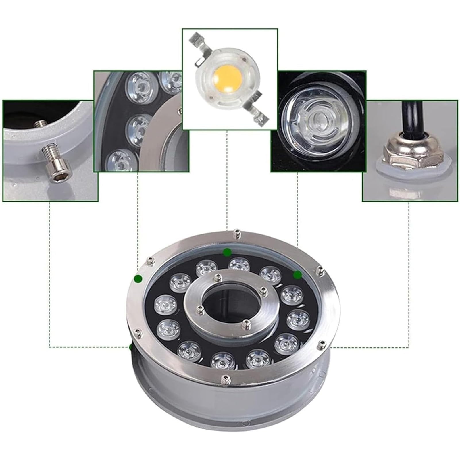 Faro Subacqueo RGB 12/24V per Fontane - Lampade Subacquee per Esterni, Luci A LED Impermeabili IP68 per Fontane, Luci Sommergibili con Foro Centrale per Laghetti(Warm White,12W(24V))