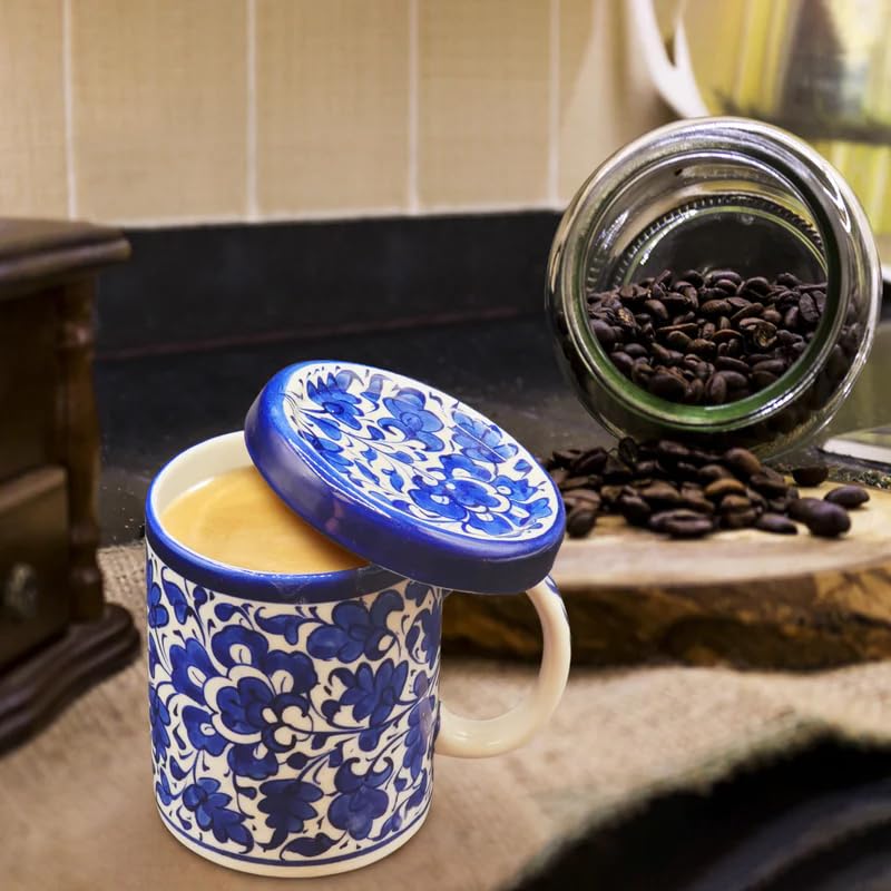 Image of Blue Pottery Pet Bowl with Lid - Handmade Ceramic Pet Food & Water Dish