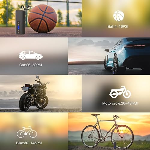 Miniatura 7 de Inflador de neumáticos portátil - Compresor de aire inalámbrico de 150 PSI con manómetro digital y luz LED, compresor de aire portátil para