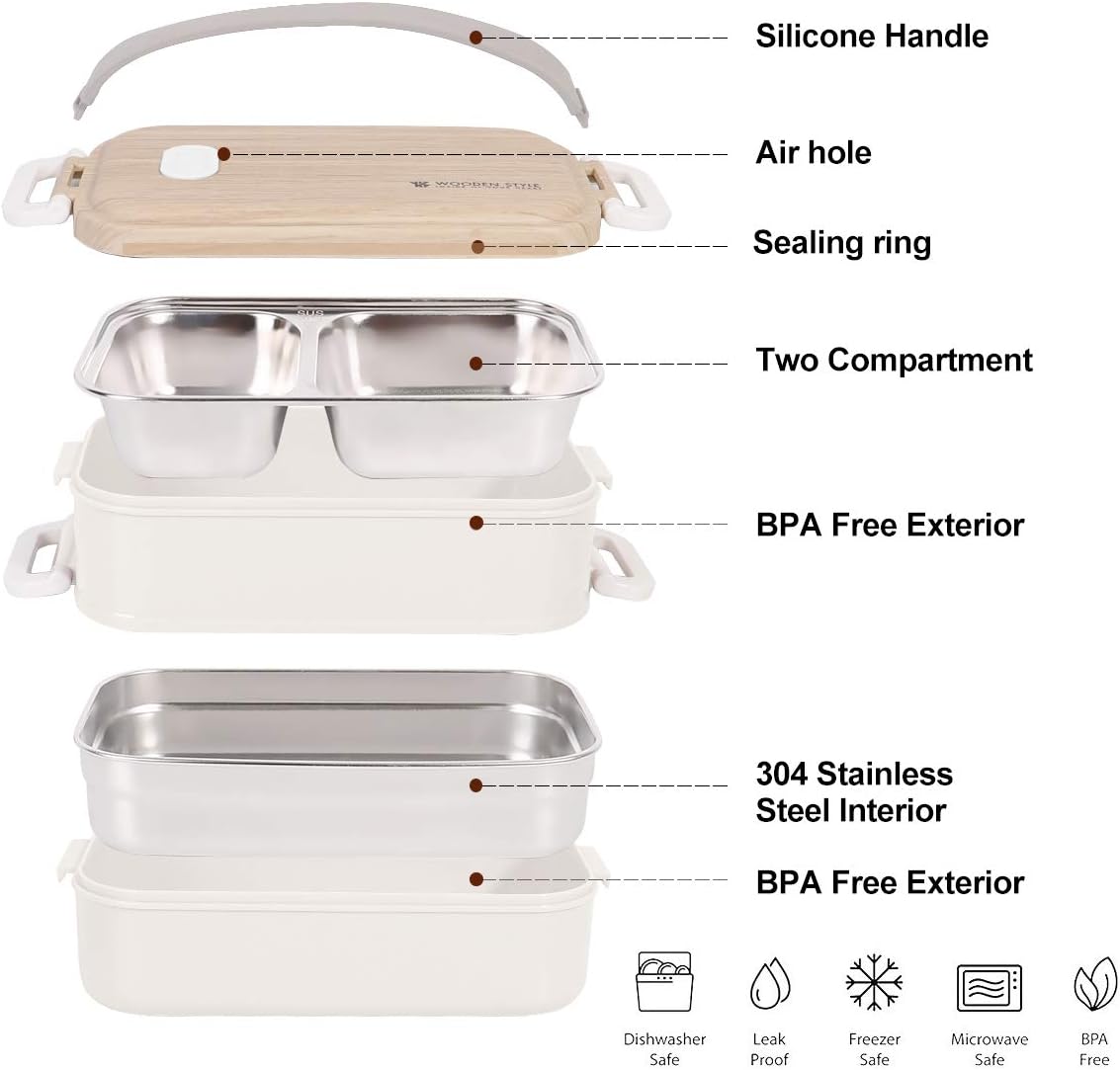 Lunch Bento Box Wood Grain Style Food Storage 2 Stackable Square Containers (White with Stainless Steel)