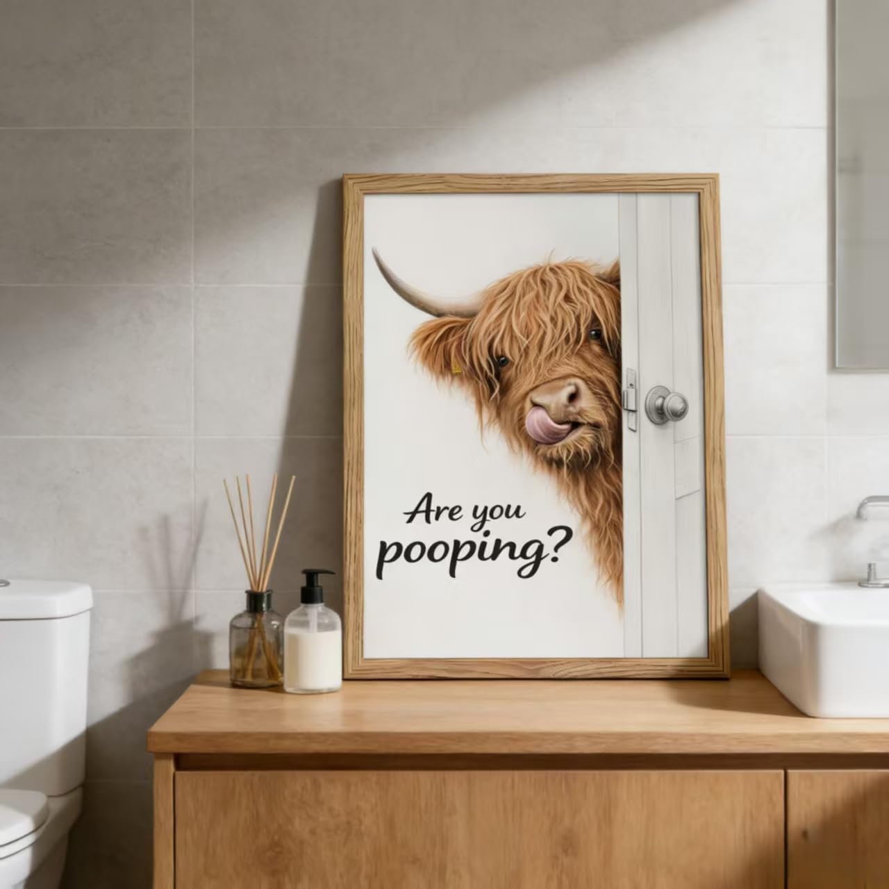 Framed Funny Highland Cow Bathroom Canvas Wall Art Cute Animal Are You Pooping Picture Wall Decor Rustic Farmhouse Painting for Bathroom Toilet Restroom Powder Decoration Ready to Hang