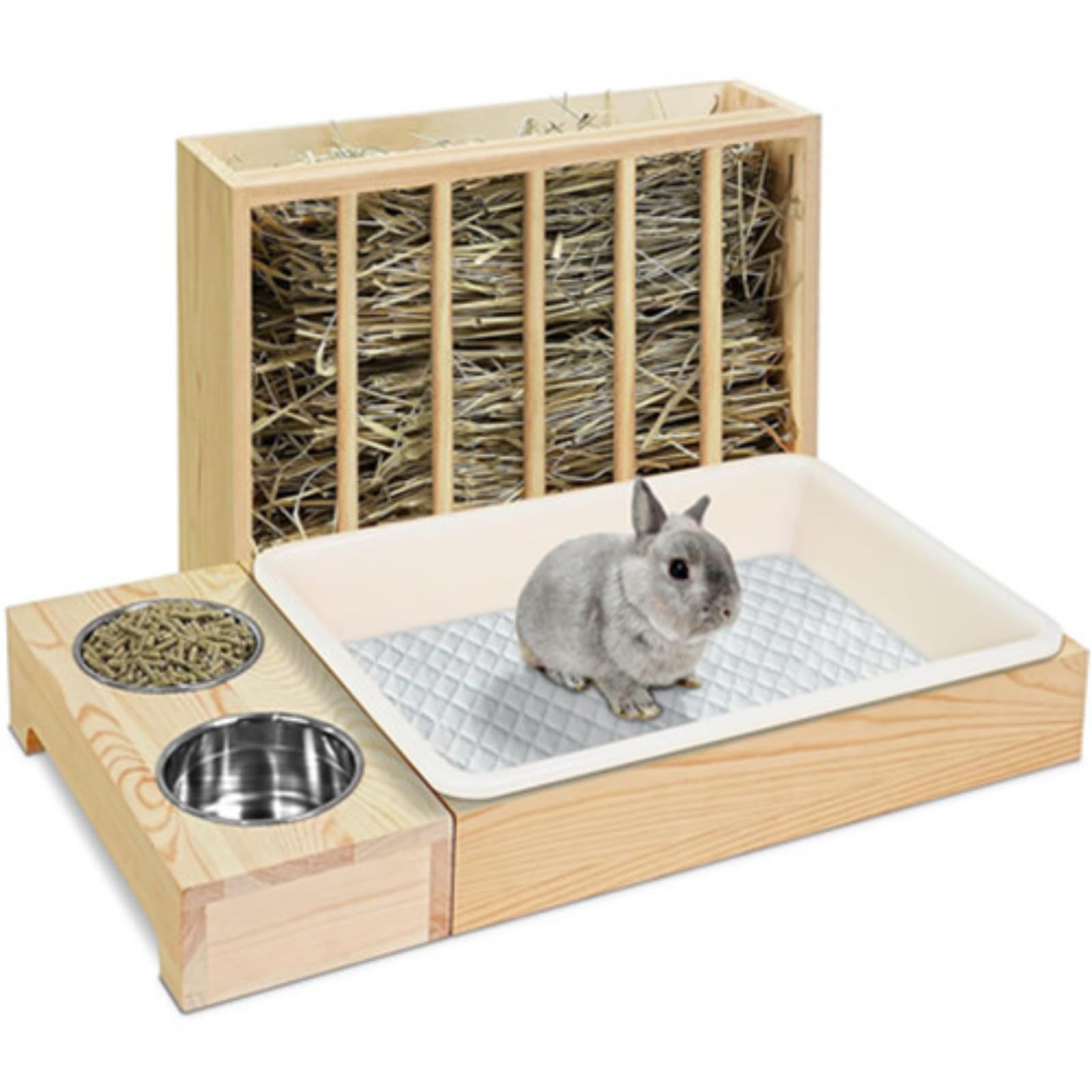 Mangiatoia per fieno in legno per conigli con lettiera per gatti ciotola per animali domestici 4 in 1, adatta per piccoli animali, conigli, criceti e porcellini d'India