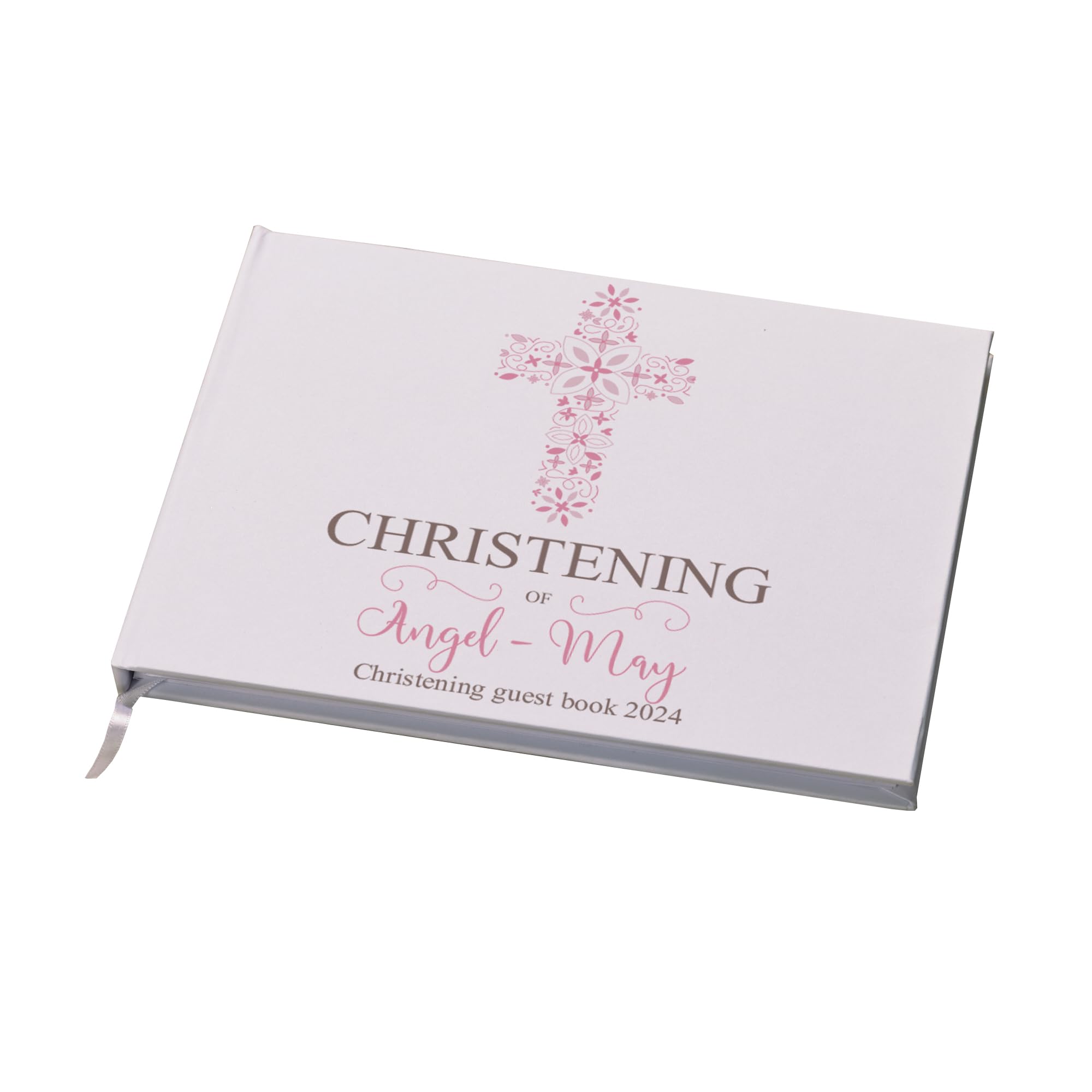 Ukgiftstoreonline White Personalised Christening Pink Ornate Cross Guest Book