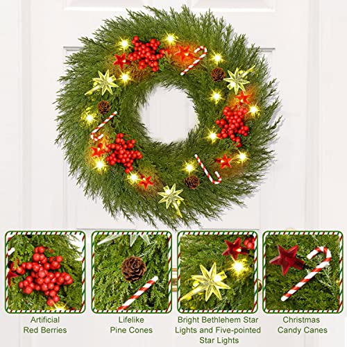 Yoleshy Pre-Lit Christmas Wreath For Front Door With Hanger 18" Battery Operated Christmas Wreath With Lights Red Berry Pine Cone Candy Cane, Christmas Decorations For Window, Wall Decor, Fireplace #TOP3
