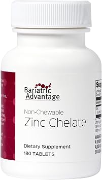 Bariatric Advantage Non Chewable Zinc Chelate - Highly Absorbable - 20 mg Zing Arginine & Glycine - Tablets for Bariatric Surgery Patients - 180 Count