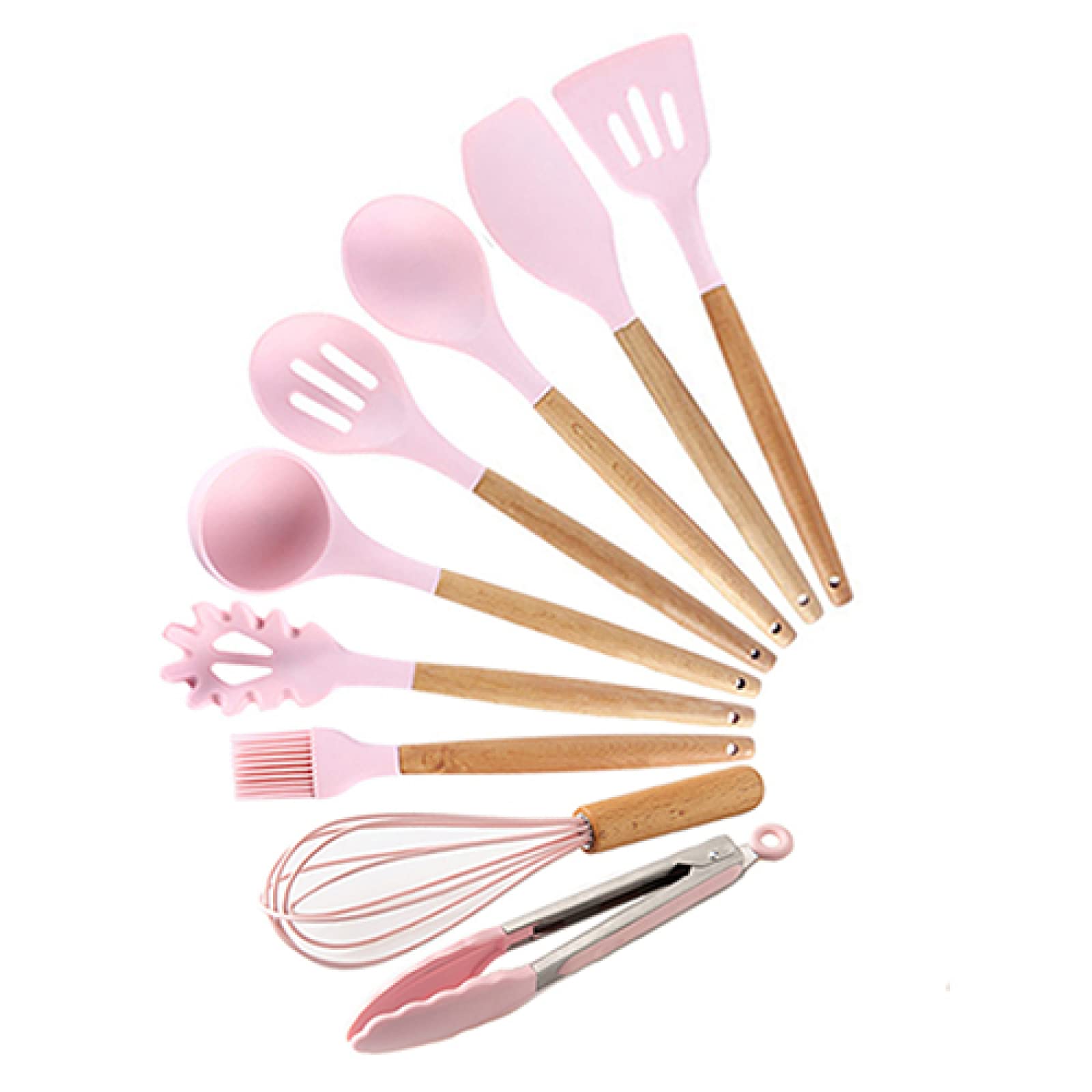 Juego de utensilios de cocina, juego de herramientas de cocina, juego de utensilios de cocina de silicona, pinzas giratorias, cuchara de sopa, rosa, 9 piezas A