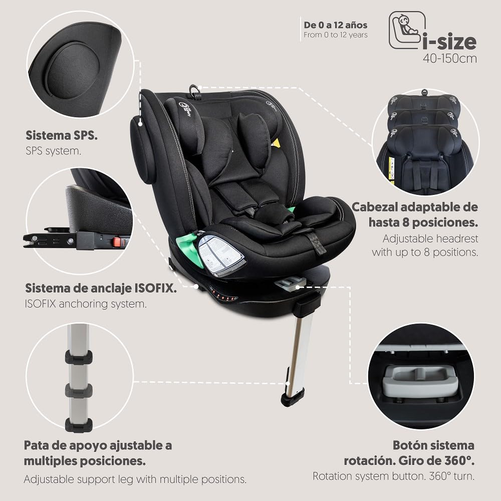 Interbaby Silla Coche Bebé PAX i-Size ISOFIX 360° Grupo 0+1+2+3 (Negro) | Silla auto giratoria 360 reclinable 40-150 cm, reductor recién nacido, protección lateral SPS, pata de apoyo