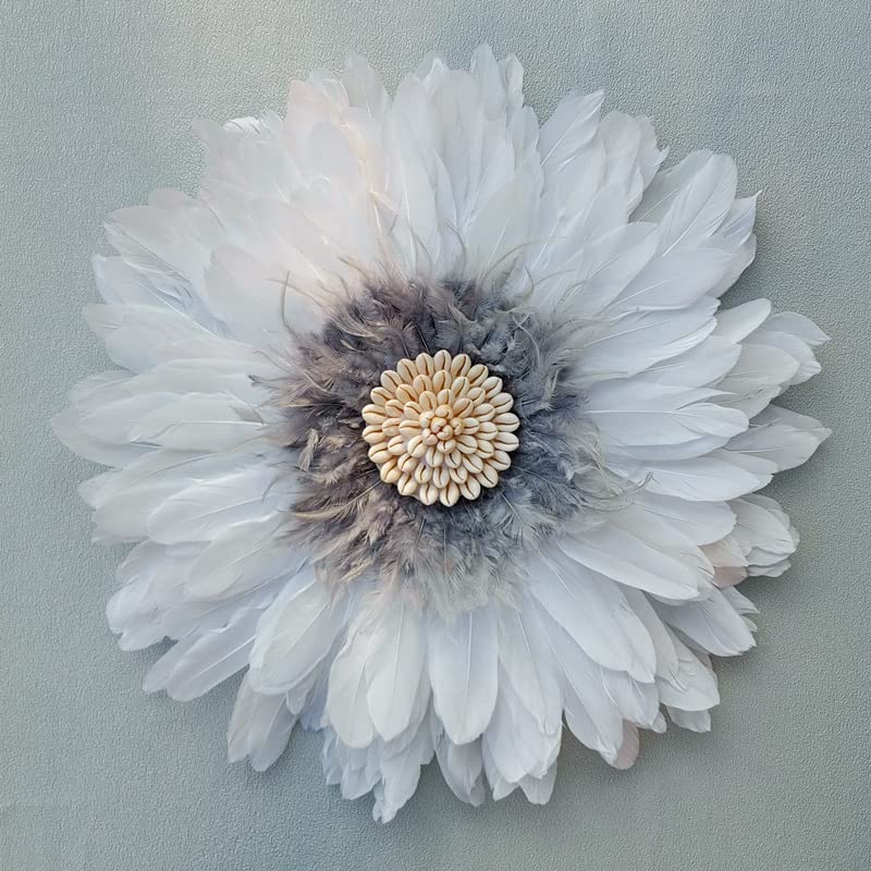 Teinopalpus Flower Wall Decor Multiple Layer Handcrafted Feather JUJU HAT Decoration Cowrie Shells for Balcony Patio Porch Bedroom Living Room Garden,White and Grey 55cm / 22" in