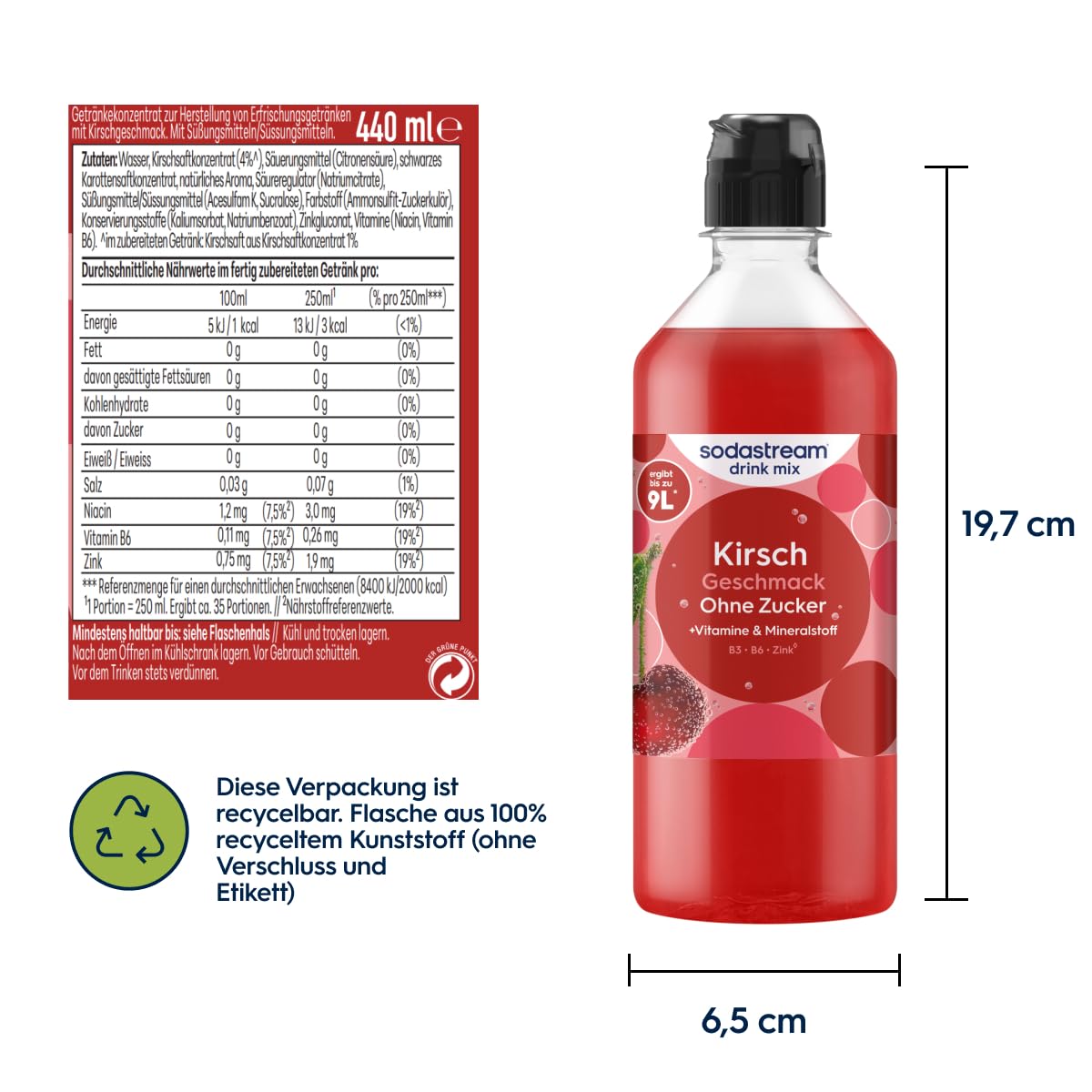 Sodastream drink mix Kirsche ohne Zucker – zuckerfreier Sirup für gesprudeltes & stilles Wasser, 4er Pack (4 x 440 ml), mit Vitamine & Mineralstoff, ergibt bis zu 9L Fertiggetränk