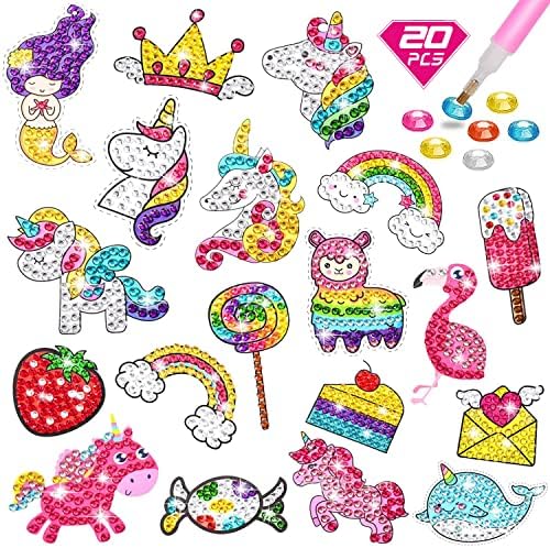 ACSAUMMY Diamond Painting Stickers, 20pcs Unicorn Diamond Arts Paintings Stickers Kits for Kids 5D DIY Diamond Dots Painting Self-Adhesive Mosaic Stickers Unicorn Gem Arts and Crafts for Kids Girls