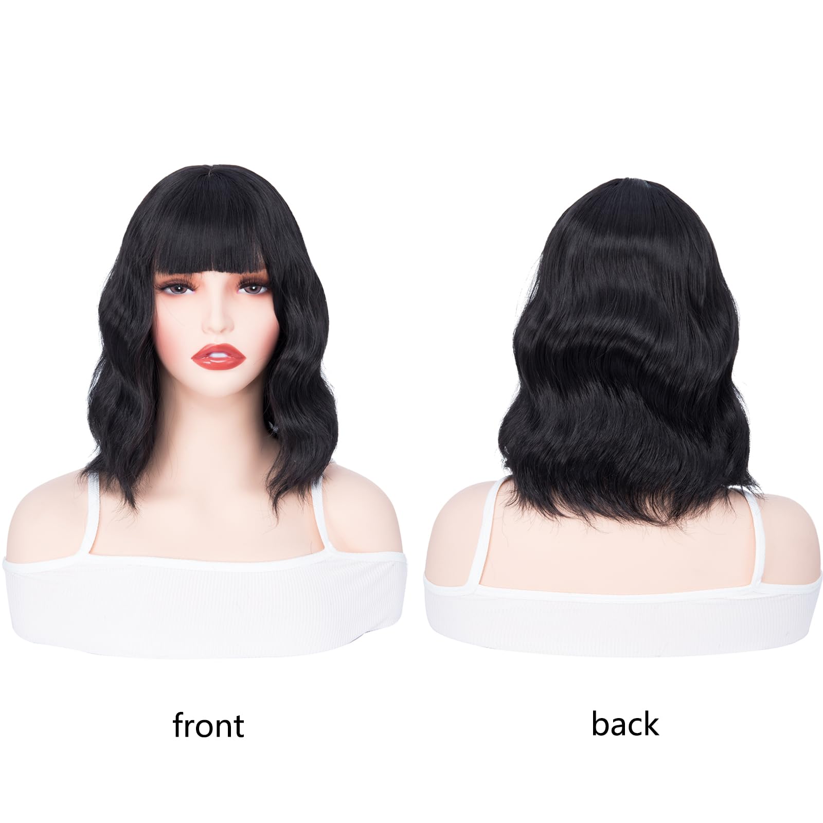 BUYOGET Wavy Bob Wig with Bangs Natural Black Synthetic Hair Shoulder Length 12 Inch Short Curly Wigs for Women - Image 2