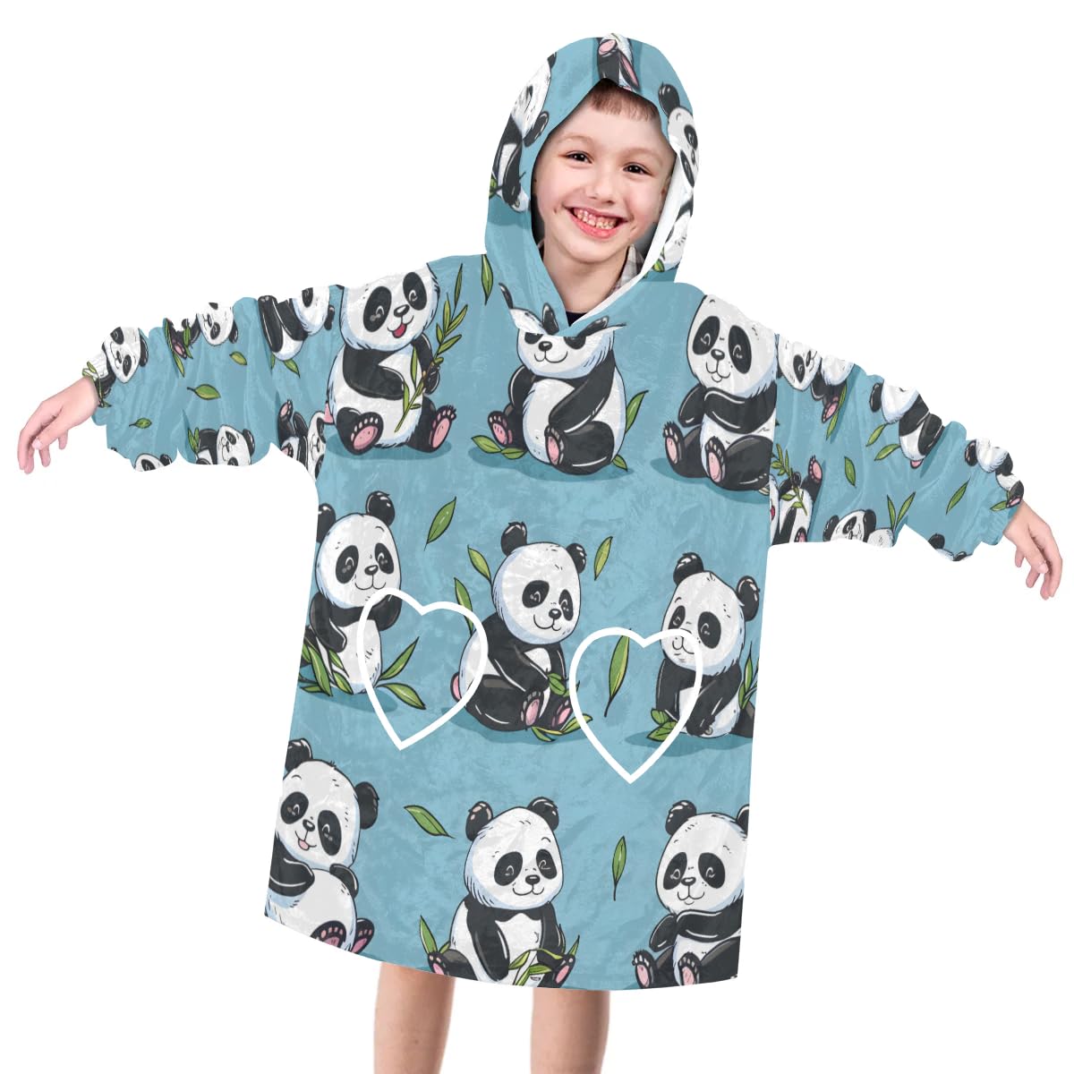 Wearable Blanket Hoodie for Kids, Cuddly Panda Fleece Sweatshirt Blanket Oversized Blanket Sweatshirt with Pocket Flannel Warm Hooded Blanket 6-10 Year Old Girl Boy Gift, One Size