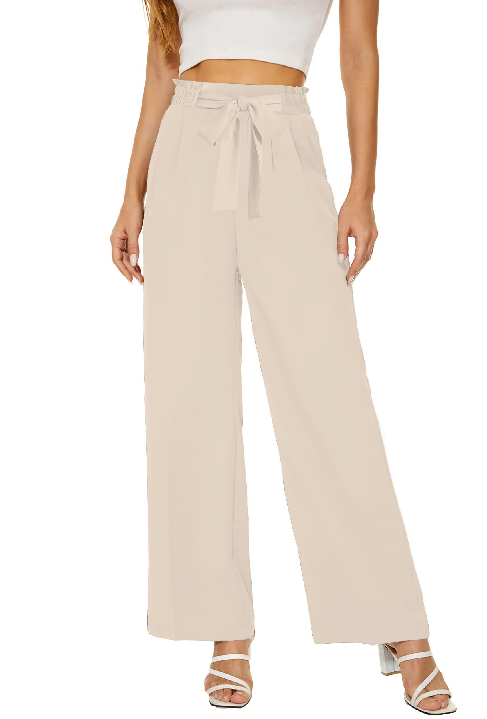 LaiyiVic Womens Wide Leg Dress Pants High Waisted Adjustable Tie Knot Loose Comfy Business Casual Work Trousers with
