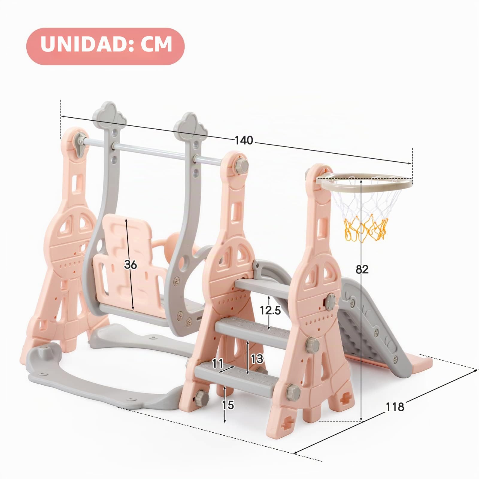 Tobogán infantil 4 en 1, para exteriores, zona de juegos interior para jardín con columpio, canasta de baloncesto y escalera de escalada, para niños de 1 a 6, interior y exterior (rosa)