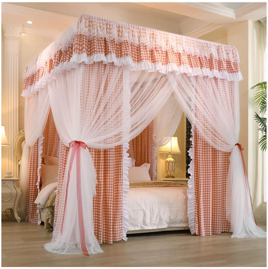 European Bed Canopy Mosquito Net for Adult s, Princess Room Romantic Lace Bed Curtain Bedroom Decor with Metal Stand (Yellow 180X200X210Cm) (Yellow 150X200X2/Orange/120 * 200 * 210Cm