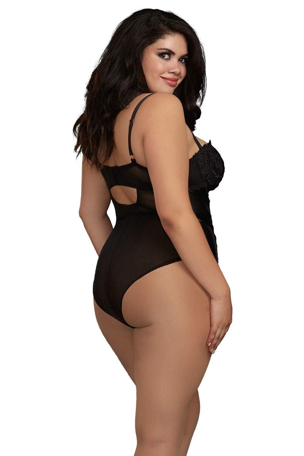 Wetlook-Damenbody aus Spitze und Kunstleder Stringbody Gothic Body in schwarz S-5XL von Dreamgirl Dessous (L)