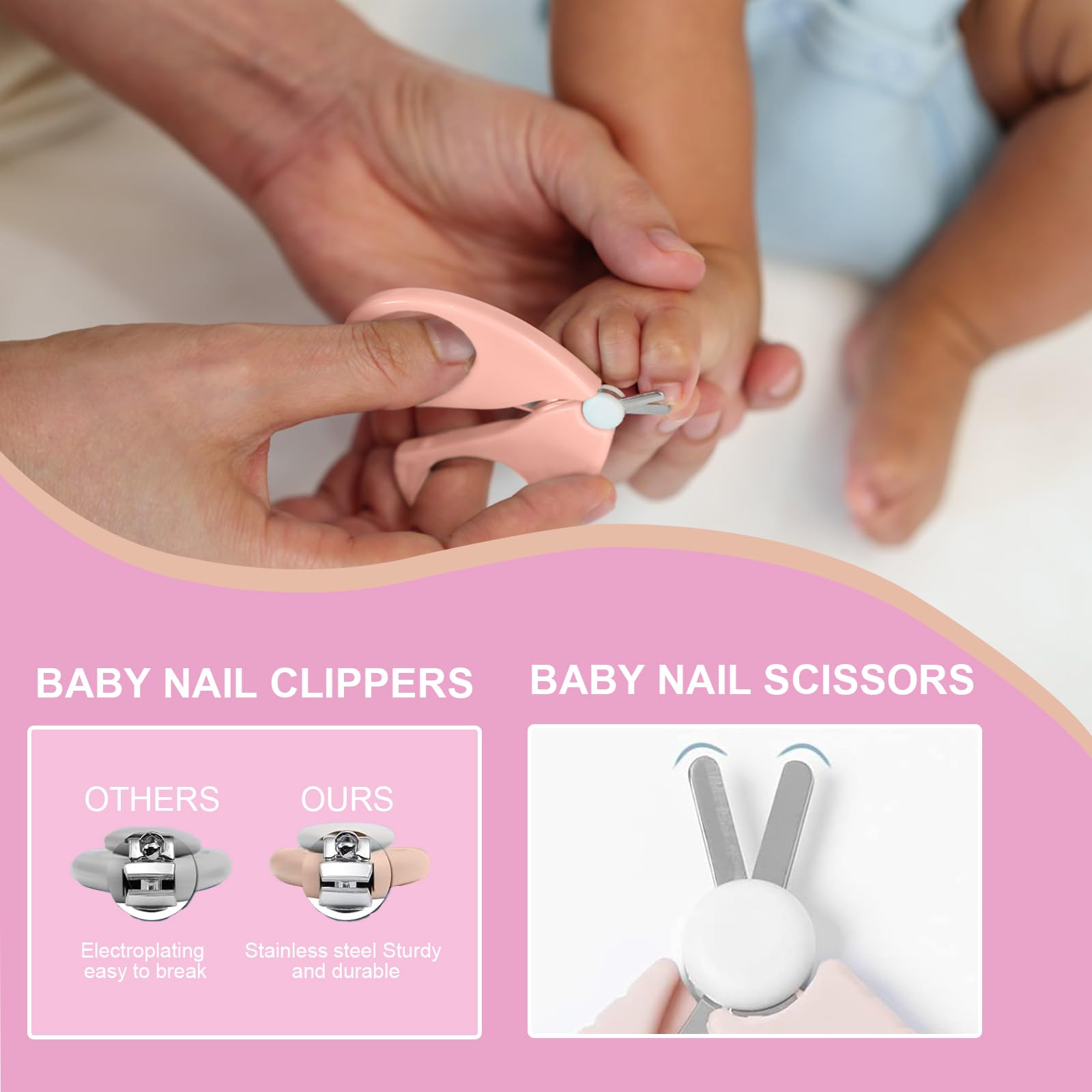 Set Manicure e Pedicure per Neonato, Kit Igiene e Cura Bambini 6 Pezzi, Cortaunghie con Spazzola e Pettine per Neo Genitori (Rosa)