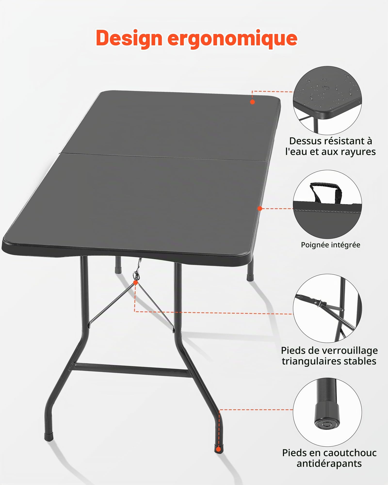 VEVOR Table Pliante Rectangulaire en Plastique, Table Utilitaire Portable de 180 cm, Solide et Stable, avec Poignée Intégrée, pour Soirée, Pique-Nique et Camping, Intérieur et Extérieur, Noir