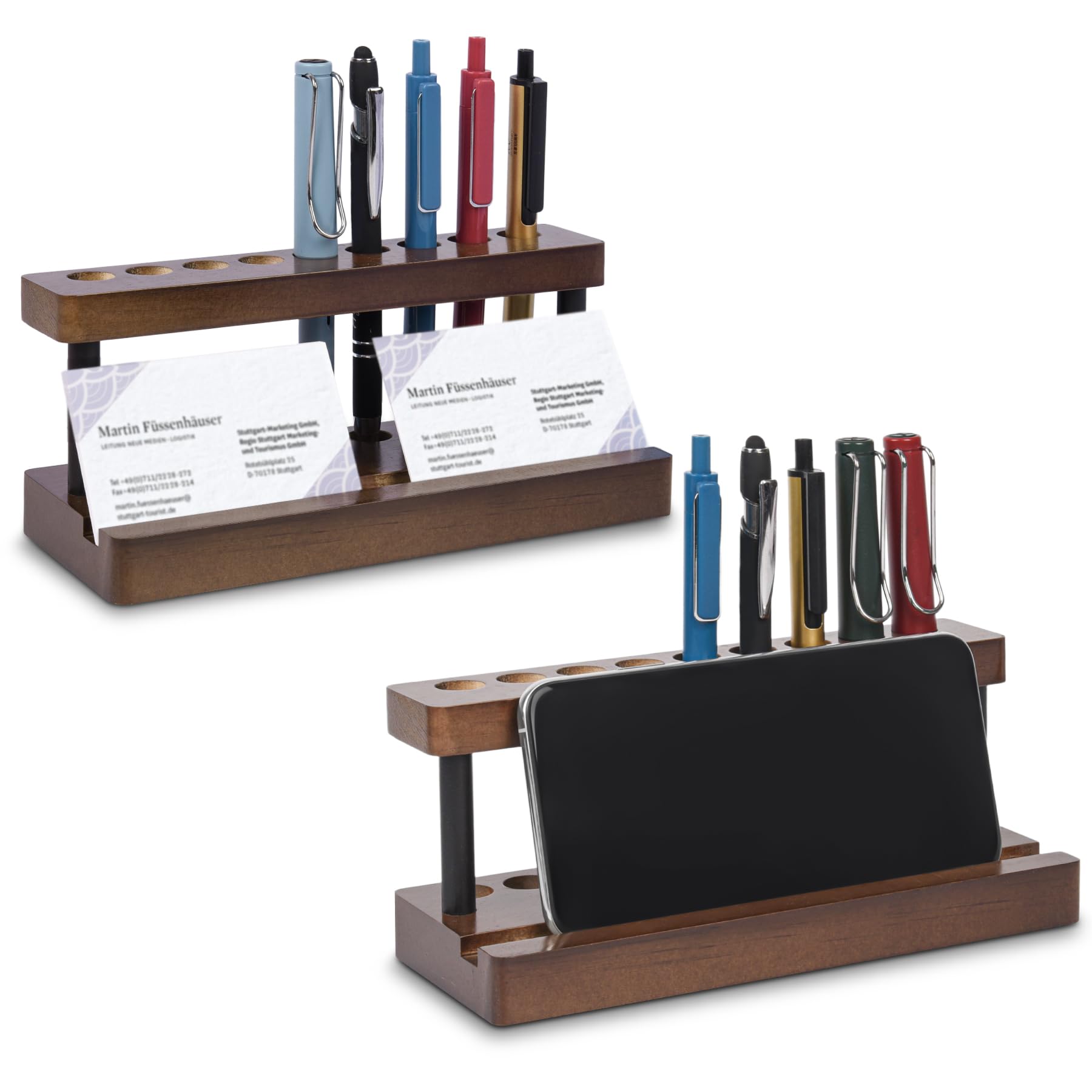 2 Pack Wooden Pen Holder for Desk, Wood Pencil Holder Fountain Pens Display Stand with 9 Slots and Phone Holder, Stylish Office Desk Decor, Pen