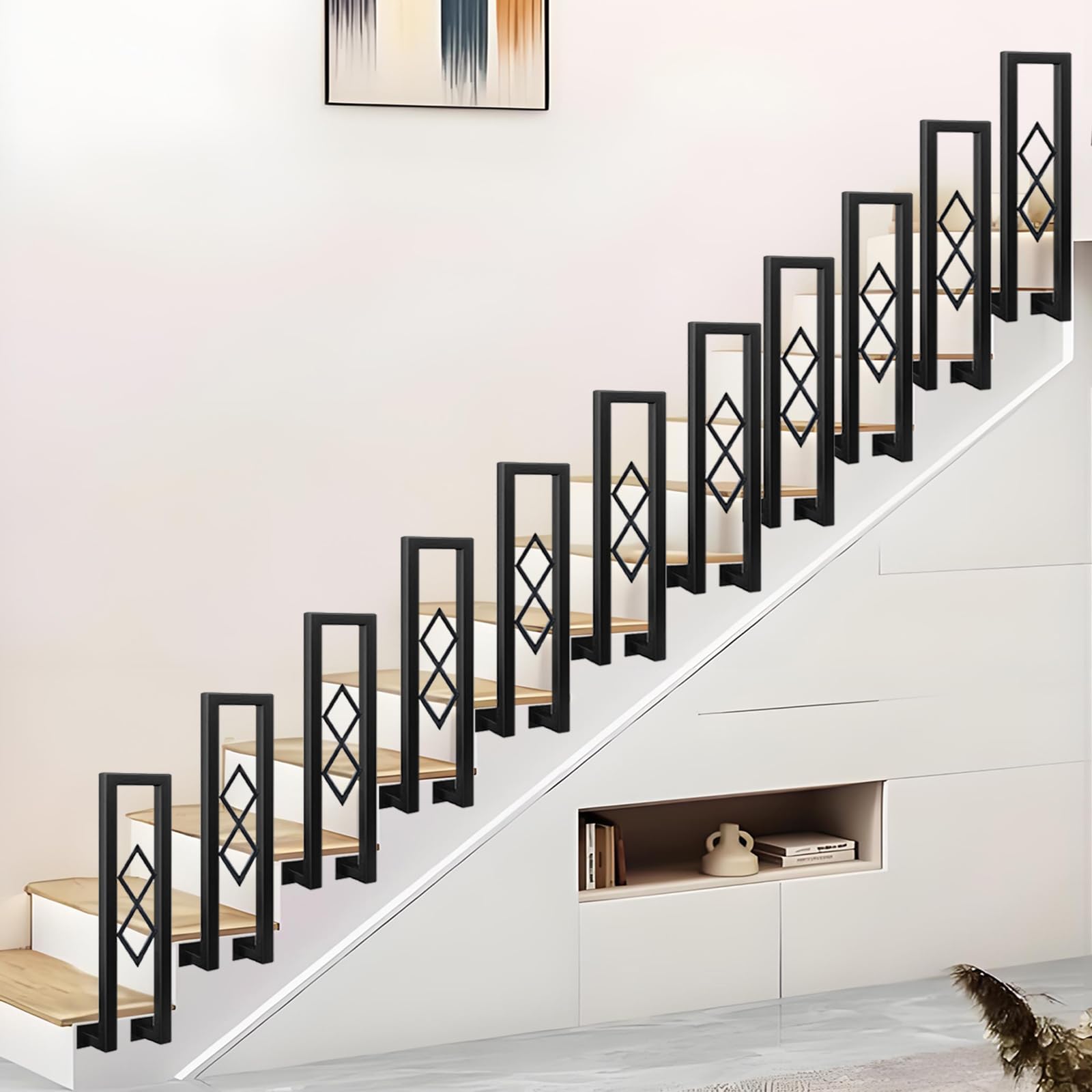 Barandilla de Escalera en Forma de U, Hierro Forjado Pasamanos con Diseño Diamante, Parapeto Interior para Loft, Balcón, Balaustre Exterior, Instalación Lateral (Negro, 110cm)