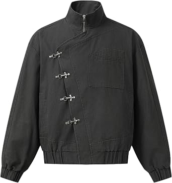 Vamtac Mens Lightweight Jackets Cotton Cropped Jacket Metal Button Vintage Slant Placket Coats With Pockets