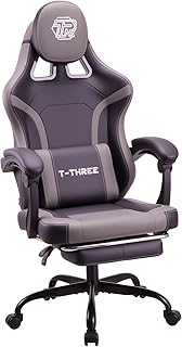 T-THREE.Ergonomic high-back gaming, computer, office, study, swivel, and racing-style chair with adjustable lumbar and headrest support, 150kg weight capacity, ideal for home office(Grey)