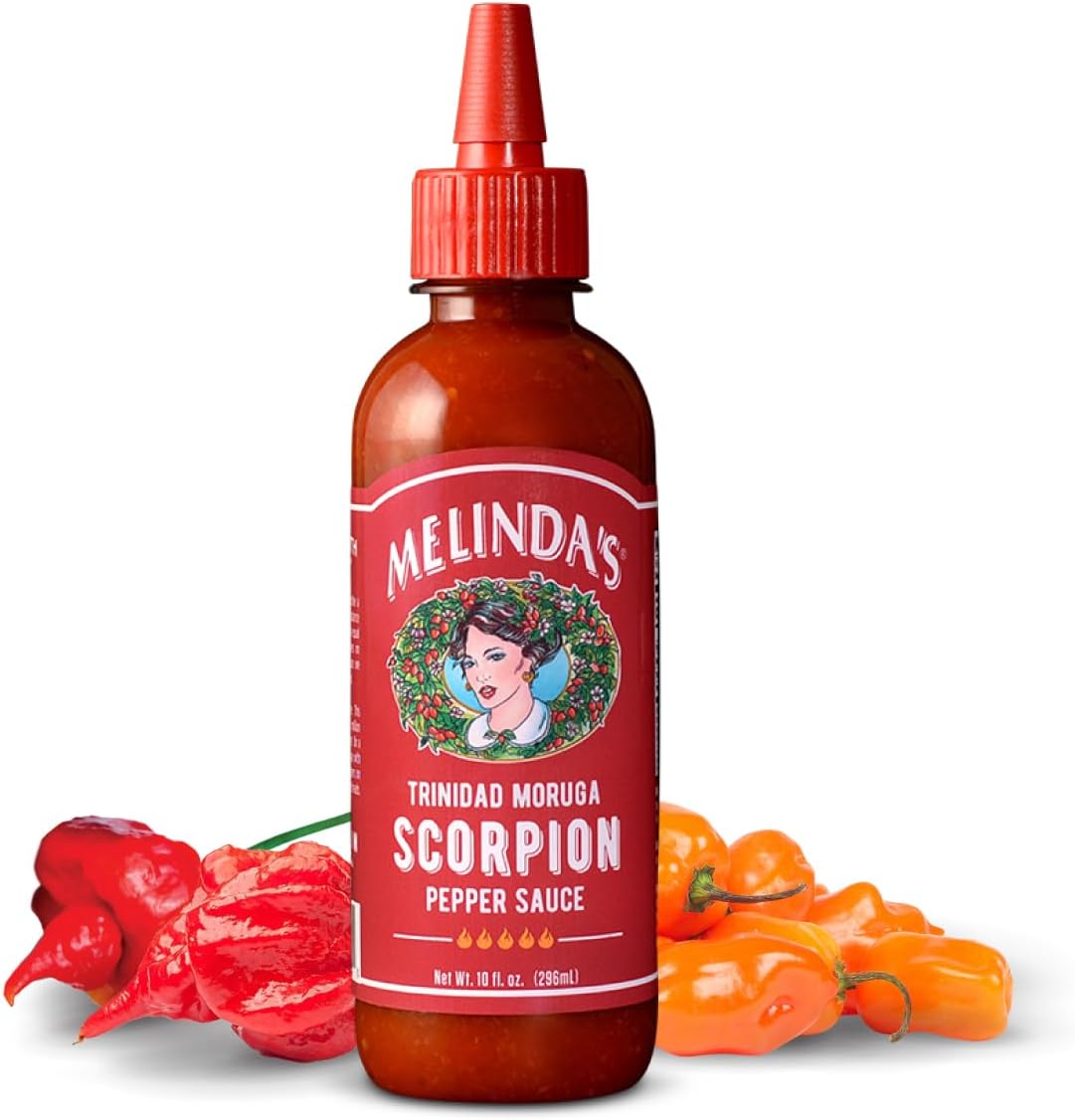 Melinda’s Scorpion Pepper Hot Sauce - Gourmet Scorpion Hot Sauce - Made with Trinidad Moruga Pepper, Carrots, Onion & Lime Juice - Keto, Vegan, Gluten Free - 10oz Squeeze, 1 Pack