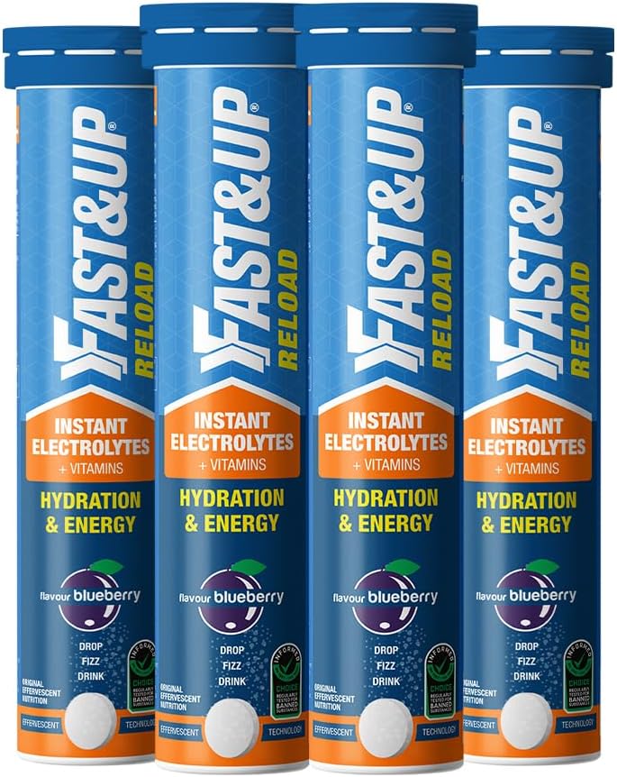Fast&Up Reload Instant Energy and Hydration Sports Drink - 4 tubes with 20 tablets each - Blueberry Flavour