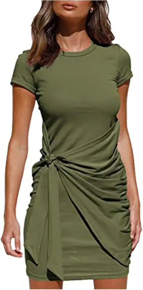 Vestido Franzido Com Amarração na Cintura, Mangas Curtas, Gola Redonda, Vestido Justo, Cor Pura para a Primavera Verão