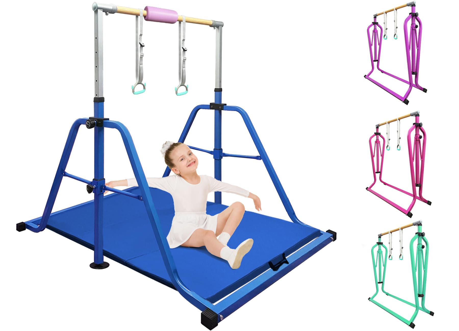 Photo 1 of *** USED/UNKNOWN MISSING PARTS OR HARDWARE***kechery Foldable Gymnastics Bar with Mat, Rings and Bar Pad for Junior Kids, 3'-7' Adjustable Height and Expandable Gymnastics Horizontal Bar Indoor Equipment for Kid's Training at Home.