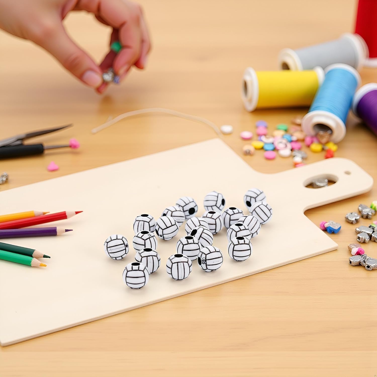 50Pcs Silicone Beads, 12mm Acrylic Volleyball Bead, Acrylic Sports Beads Big Hole Volleyball Round Loose Spacer for DIY Necklace Bracelet Pendant Making Beading Supplies - Image 2