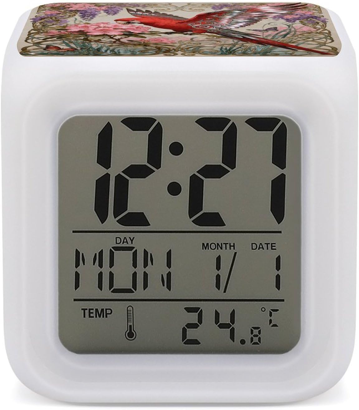 Alarm Clock Night Light for Bedroom Parrot Rhododendron Peak Smart Digital Alarm Clock with 7 Colorful Ambient Lights LED Display Clocks for Heavy Sleepers, Travel, Aesthetic Room Decor Gift