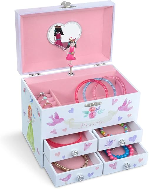 Jewelkeeper Fairy Princess and Hearts Large Musical Jewellery Storage Box with 4 Pull-out Drawers, Girl's Jewel Box, Dance of the Sugar Plum Fairy Tune