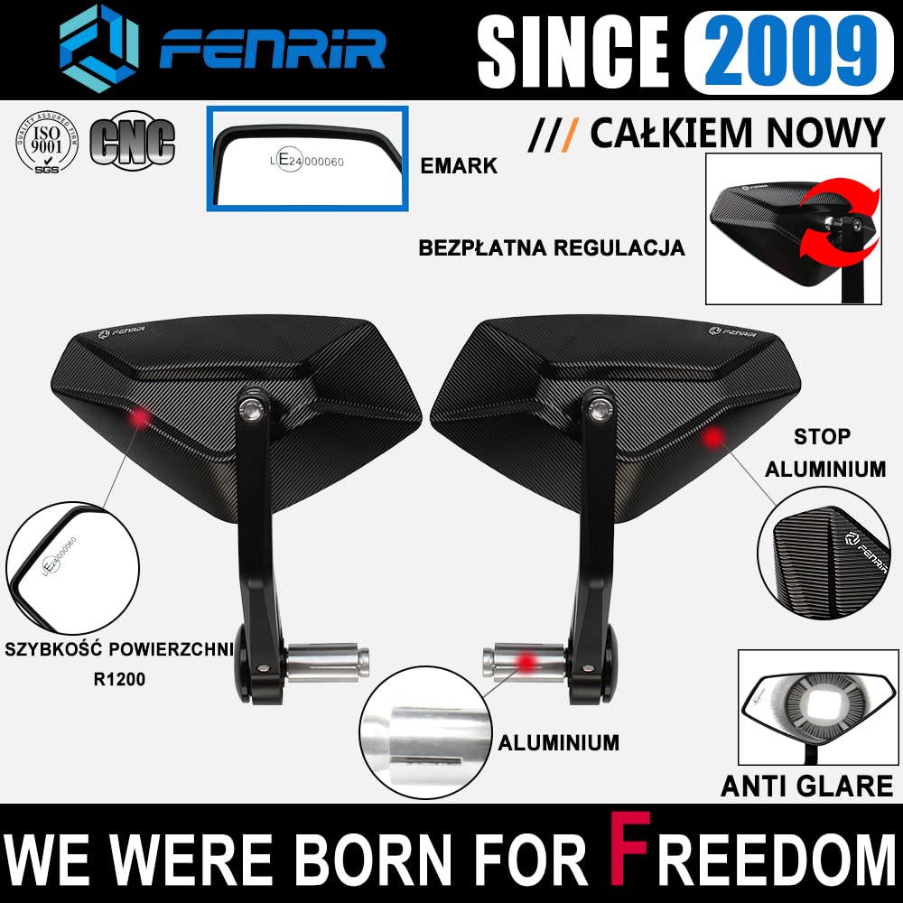 FENRIR E24 lusterko kierownicy motocykla wsteczne na kierownicę lusterko boczne sprawdzone pod kątem ochrony przed oślepieniem czarne aluminium CNC do rowerów typu Naked sport klasyczne Cafe Racer