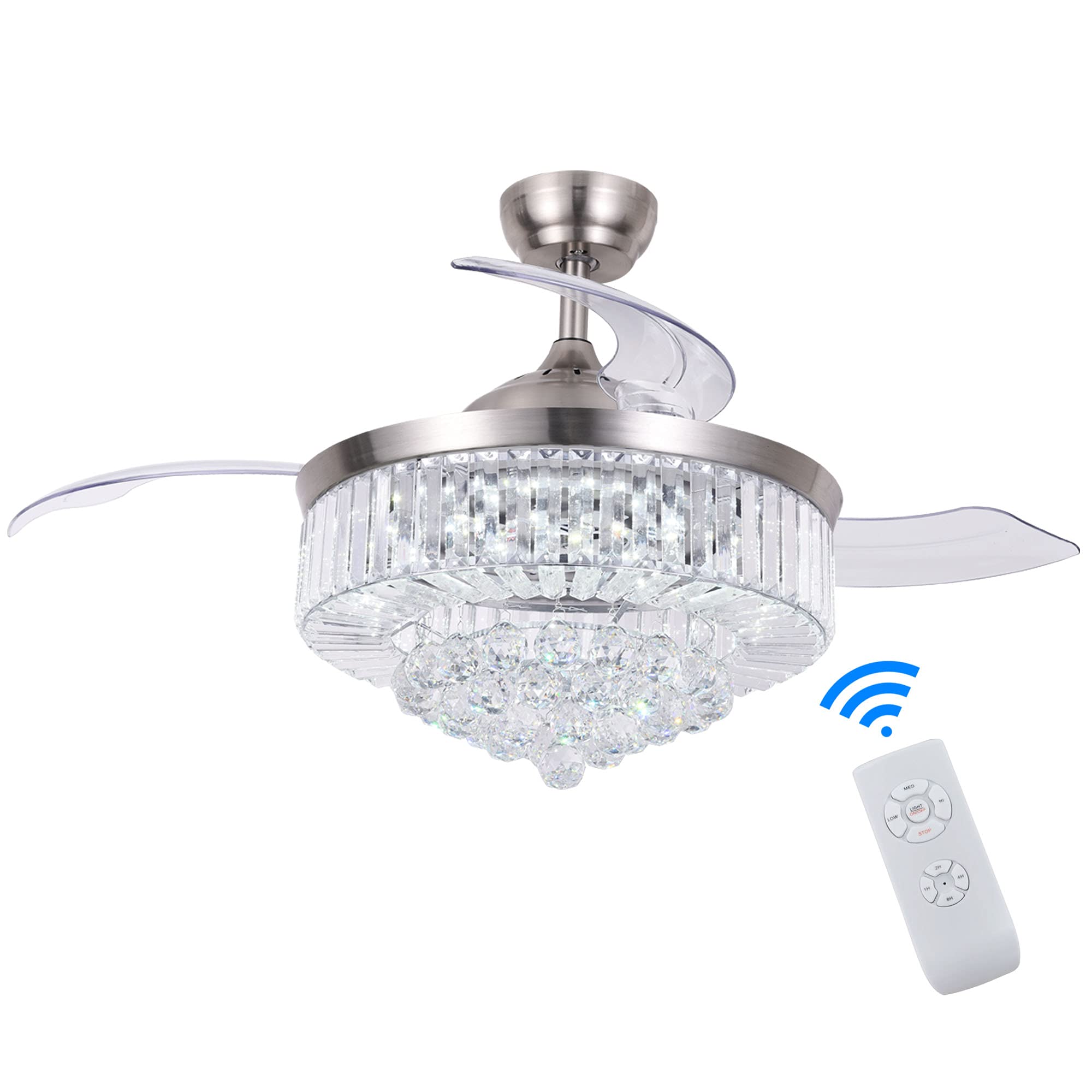 Retractable Ceiling Fan with Light and Remote Control, Indoor Crystal LED Invisible Fandelier Ceiling Fan 42 Inch Brushed Nickel