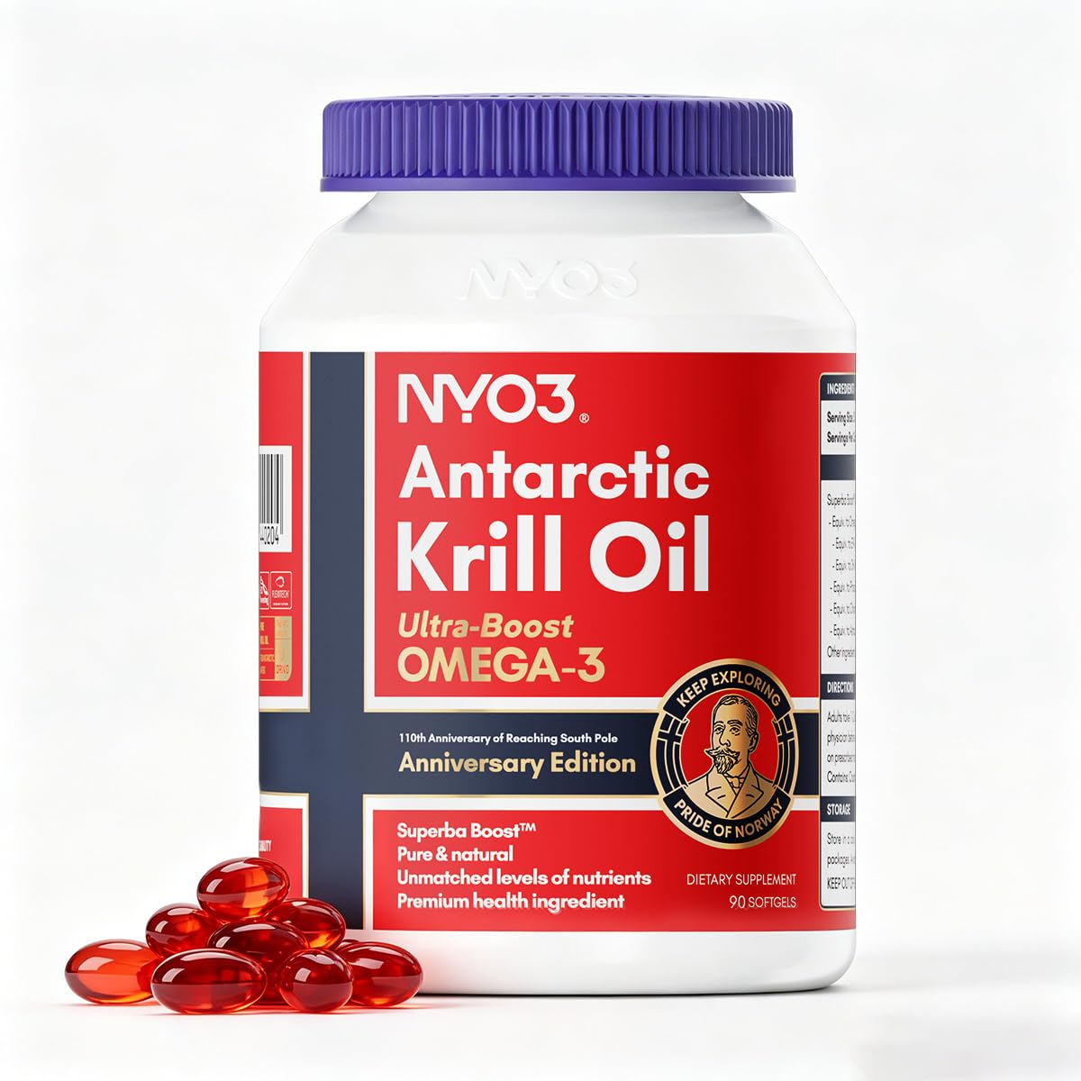 NYO3 Huile de Krill Pure d'Antarctique 1000mg Oméga-3, 56% de Phospholipides pour une Absorption Optimale des Nutriments, Complexe Choline et Astaxanthine pour le Cœur et le Cerveau, 90 Gélules