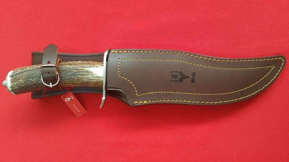 Muela Cuchillo de Caza Lobo LOBO-23A hoja ACX-380 de 23 cm y empuñadura de asta de ciervo para Caza, Pesca, Supervivencia y Bushcraft Realizado en Ciudad Real + Portabotellas de regalo