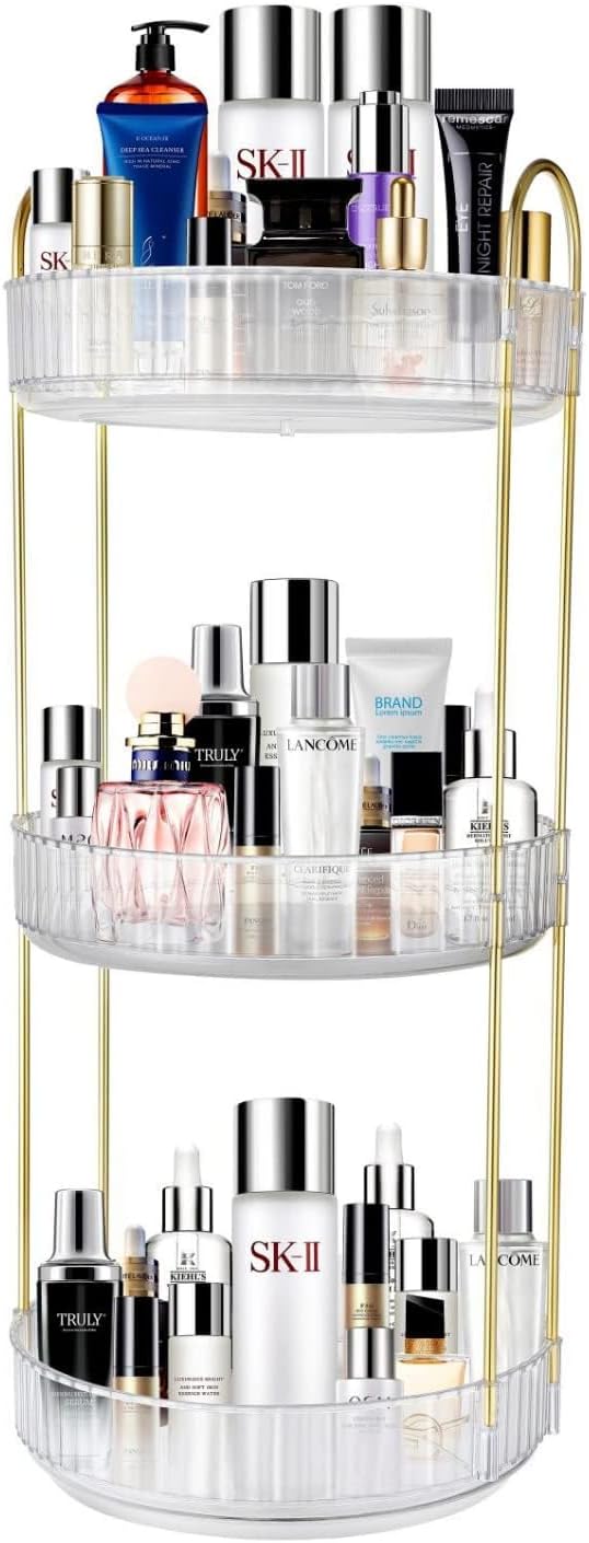 360° Rotating Makeup Organizer, Bathroom Makeup Carousel Spinning Holder Rack, Large Capacity Cosmetics Storage Box Vanity Shelf Countertop, Fits Cosmetic, Perfume (Transparent 3 Layers)