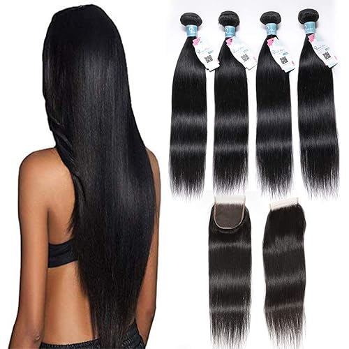 10A Peruvian Silky Straight Hair 4 Bundles with Lace Closure 100% Unprocessed Peruvian Human hair Bundles with Free Part Closure Virgin Straight Peruvian Human Hair Extensions(16 18 20 22 +14)