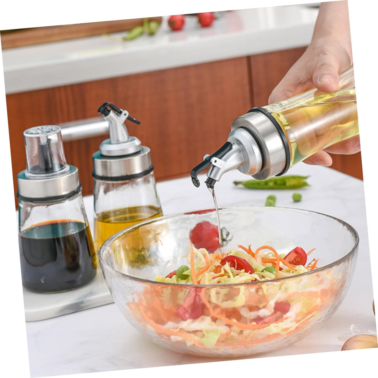 3stücke Haushalts-saucenflasche Essigflaschen aus Glas Flaschen für Flüssige Gewürze Küchenflaschen mit Transparentem Design Platz für Zwei Gewürze