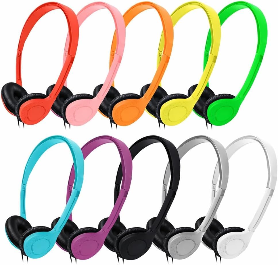 Maeline Classroom Headphones Bulk 10 Pack – Wired On-Ear Headsets with Leather Cushions & 3.5mm Jack, Adjustable School Headphones for Students, Libraries, Testing Centers, Offices & Travel