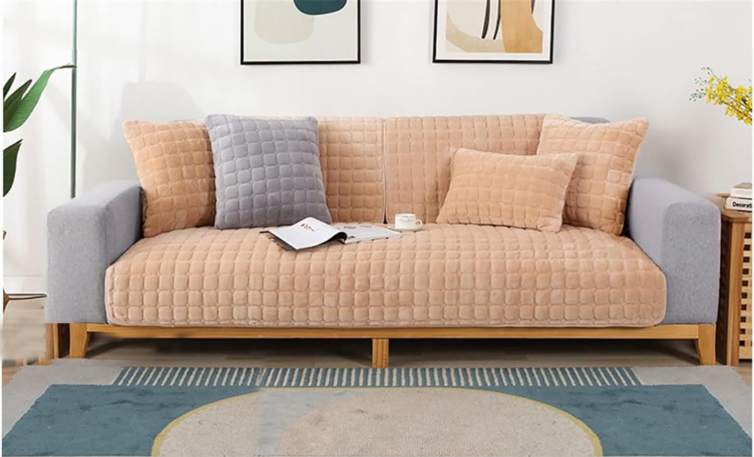 Stylista Velvet Premium Sofa Cover- Ultra Soft Quilted Couch Protector, Anti-Slip, Breathable & Washable Cover for 3-Seater, Beige-image-17