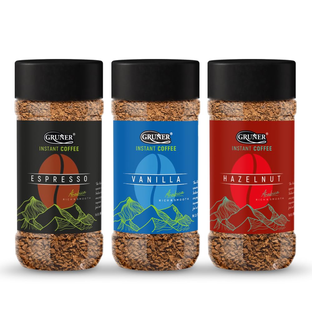 Gruner Hazelnut and Espresso and Vanilla Instant Coffee Powder for Hot and Cold Coffee 100g | Roasted Arabica Coffee Beans | Freeze Dried | Intense Bold And Strong Flavour | No Added Sugar (Pack Of 3)