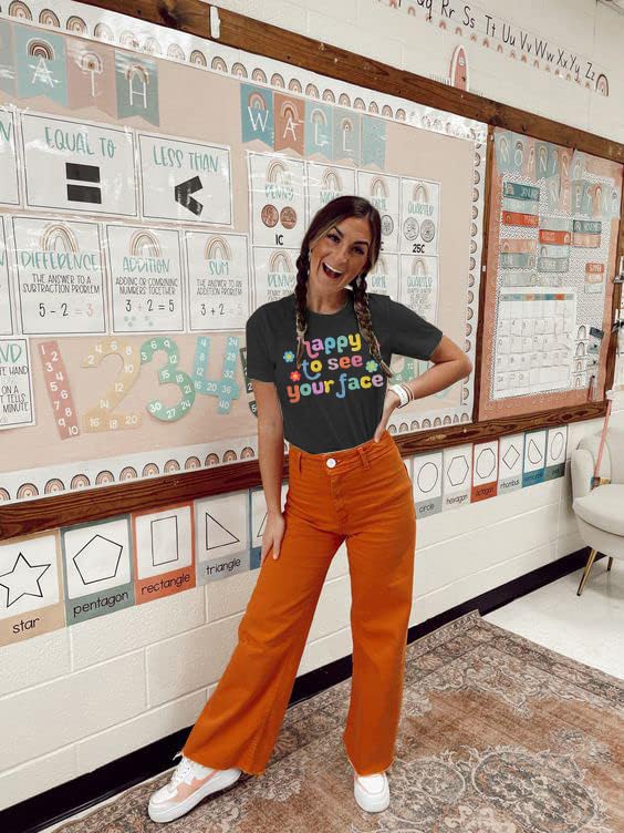 MOUSYA Teacher Shirt Women Happy to See Your Face Shirt Teacher Graphic Tees3