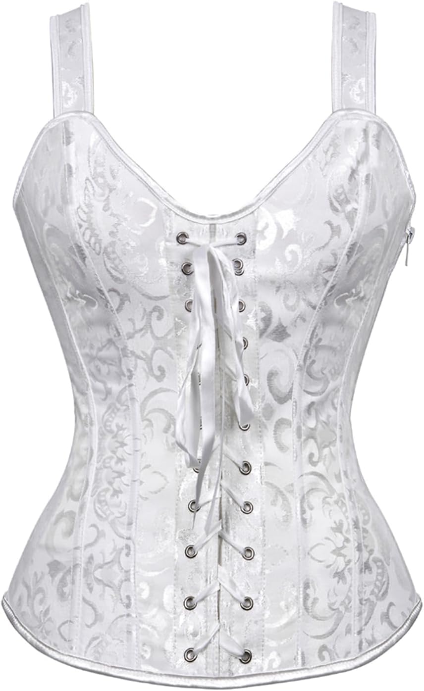 Women's Lace up Gothic Jacquard Shoulder Straps Tank Overbust Shaper Corset Bustiers Top