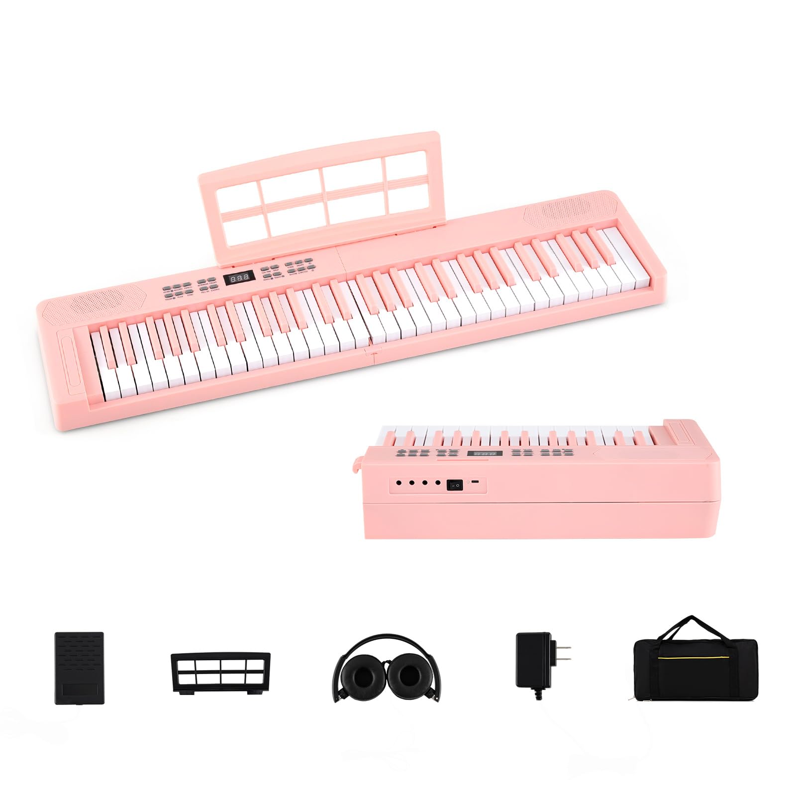 KOMFOTTEU Piano digital plegable con 61 teclas, piano con auriculares, pedal, atril y piano digital con 128 sonidos y ritmos, teclado de piano con funda (rosa)