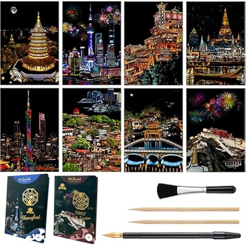 8 Sheets Scratch Art Painting Cards Kits for Adults & Kids, Rainbow China Forbidden City Ancient Capital Scratchboard(7.9 x 5.5 inch) with 4 tools - Tourist Souvenirs Magical Journey (Shanghai/Tibet) Cover