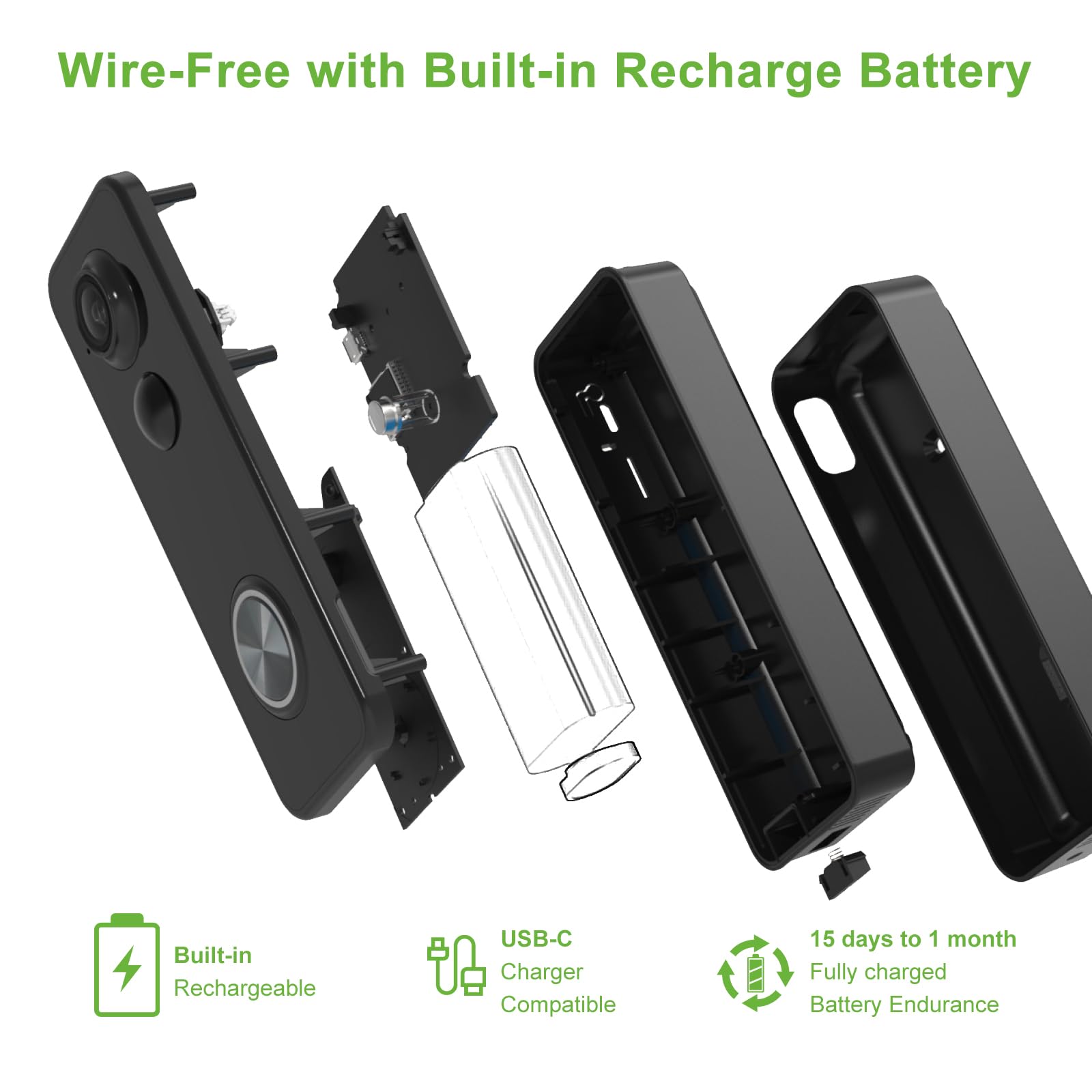 Videocitofono wireless con campanello, vista dalla testa ai piedi, 2K HD, Smart WiFi, campanello con fotocamera, funzionamento a batteria, rilevamento del movimento, visione notturna, supporto audio a