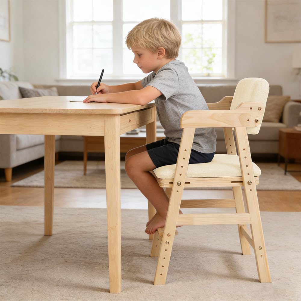 Tronas de Bebé Ajustable Trona Portatil Multifuncional，Silla Alta escalable de Madera Natural Sit Up 3 Altura Ajustable, 6 meses-10 años hasta 90 kg, 48 x 46 x 78 cm - Beige