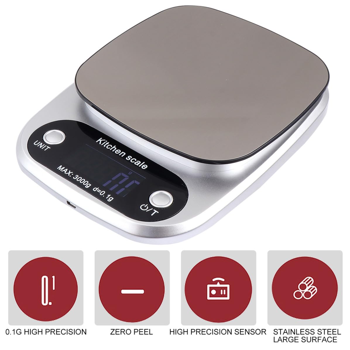 LALAFINA Báscula 3kg/0,1g Digital Recargable de Acero Inoxidable de Cocina Ligera y Portátil Pantalla Lcd para Uso en Cocina y Repostería